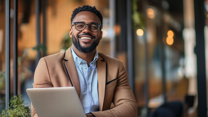 Obraz premium Smiling Man with Laptop in Cafe Warm Professional Portrait