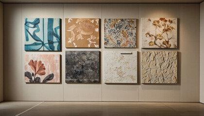 Modern interior design architecture photography: Six framed artworks, featuring abstract botanical and textural designs, are displayed on a neutral-toned wall.