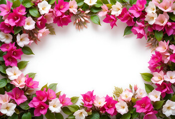 Obraz premium Beautiful bougainvillea spring floral blossom border isolated on transparent background. Colorful flower frame. blossom flower with green leaves. Mockup from flowers. Spring summer design elements PNG