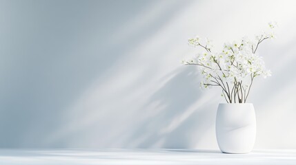 Fototapeta premium Minimalist, light-filled space with delicate white blossoms in a vase