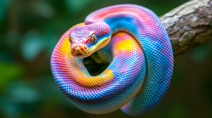 Fototapeta premium Colorful Snake Coiled on Branch Vibrant Scales Rainbow Hues Exotic Reptile Forest Wildlife Nature Photography