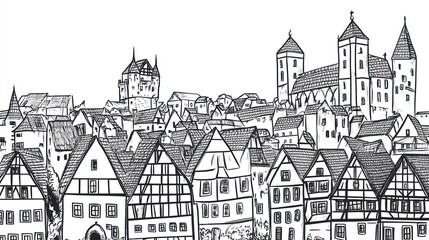 Obraz premium European city skyline sketch, medieval architecture, tranquil view, historical illustration, poster