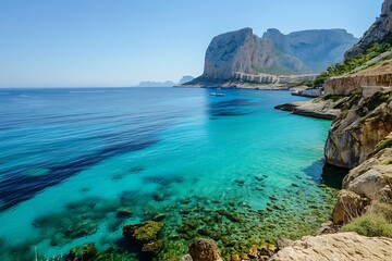 Fototapeta premium Scenic Coastal Landscape with Turquoise Waters and Rugged Cliffs Under Blue Sky