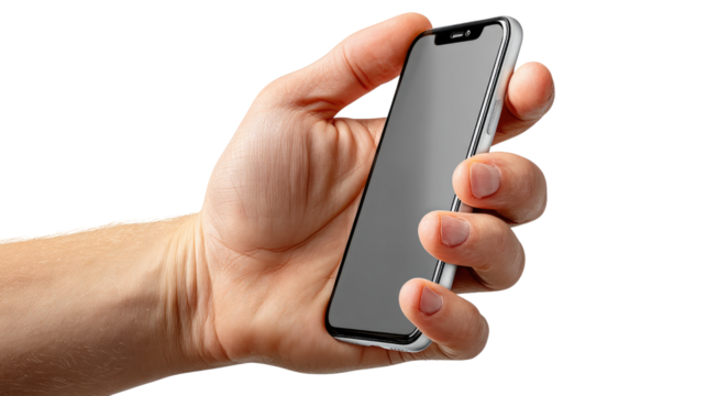 Tech Grip: A close-up of a hand, firmly holding a sleek, modern smartphone against a backdrop, embodying the essence of technological communication and connectivity.