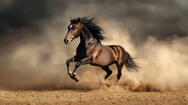 Horse Galloping Brown Powerful Graceful Animal Running Fast Through Desert Dust