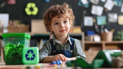 A child learning about recycling and sustainability in a school classroom with eco-friendly supplies.