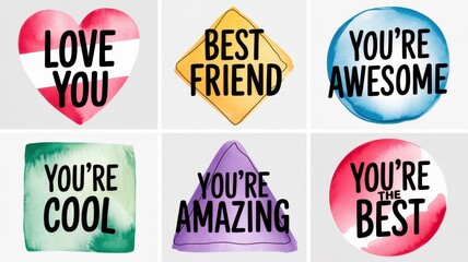 Obraz premium Six positive affirmation graphic design elements.