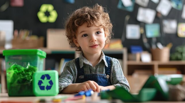 A child learning about recycling and sustainability in a school classroom with eco-friendly supplies. - Powered by Adobe