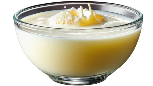 Creamy Delight: A close-up shot of a refreshing dairy creation featuring a swirl of sweet cream, offering a visually pleasing experience, in a glass bowl. 
