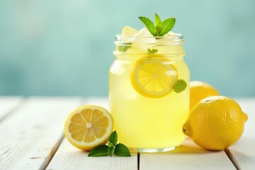 Golden lemonade, ice, lemons, mint on white wood, natural, bright