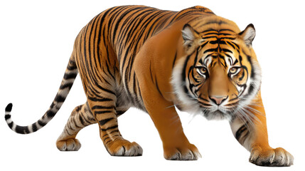 Obraz premium Tiger's Prowl: A majestic tiger with striking stripes stalks forward, its powerful gaze captivating the viewer. Its intensity and raw beauty, capturing the essence of a wild and untamed creature.
