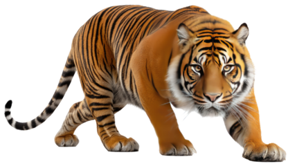 Tiger's Prowl: A majestic tiger with striking stripes stalks forward, its powerful gaze captivating the viewer. Its intensity and raw beauty, capturing the essence of a wild and untamed creature.