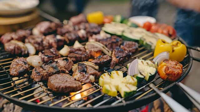 炭火で焼かれるバーベキューの肉と野菜