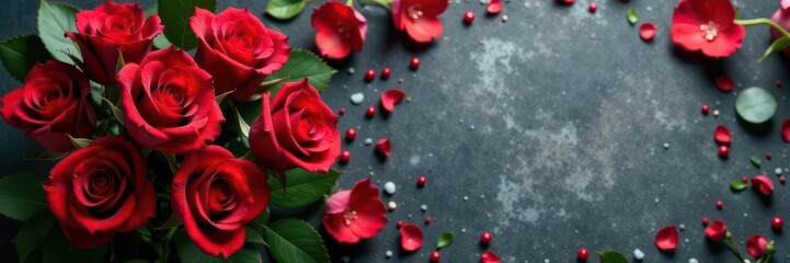 Naklejka premium Luxurious red roses bouquet, stone backdrop Valentine's Day card , petals, stock photo