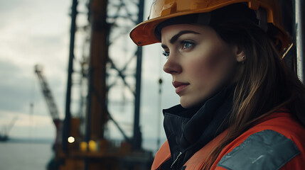 A female oil rig worker operating offshore machinery. Featuring strength and technical expertise