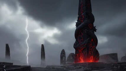 Dramatic monolith with glowing runes and dragon carvings under a stormy sky with lightning strikes in an ancient landscape - Powered by Adobe