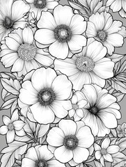 A detailed black-and-white illustration of various flowers, showcasing intricate petal structures and surrounding foliage.