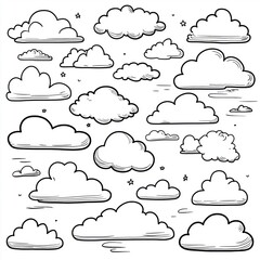 Obraz premium A collection of various cloud shapes illustrated in a simple, black-and-white style, showcasing whimsical, fluffy designs against a clean background.