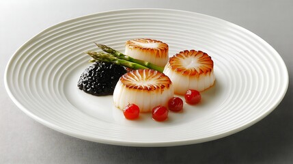 Gourmet dish featuring seared scallops with asparagus and caviar on an elegant plate
