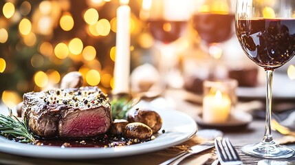 Fototapeta premium Gourmet steak dinner with red wine and festive decorations, creating a warm holiday atmosphere