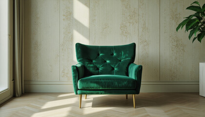 Modern interior design architecture photography: Sunlight streams into a modern interior, illuminating a plush emerald green velvet armchair with gold legs set against a textured beige wall and hard