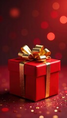 Obraz premium Red gift box with gold bow, glitter backdrop, bokeh , bokeh, celebration