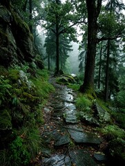 Fototapeta premium A winding path through a lush green forest with tall trees.