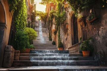 Obraz premium Scenic stairway with cascading water at sunset in a charming Italian village