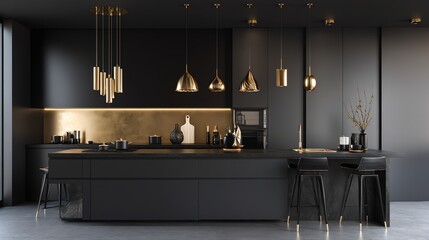 Modern kitchen with elegant black and gold design.