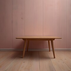 Simple Wooden Table Against a Soft Pink Wall: Minimalist Home Decor.

