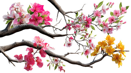 Fototapeta premium Floral Flourish: A detailed depiction of branches adorned with a variety of vibrant, blossoming flowers, artfully arranged to celebrate the essence of springtime.