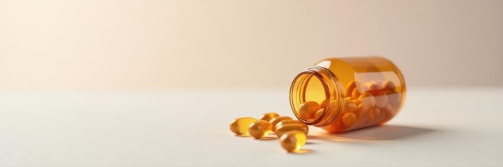Scattered vitamin capsules around a clear bottle on a neutral backdrop Clean aesthetic , tabletop, pharmacy