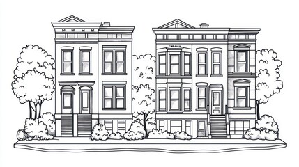 Simple illustration of two historic houses on a city street.  Possible use stock photo for architecture or urban planning design