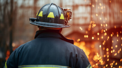 Firefighter in yellow helmet with soot-covered face and uniform, debris in background