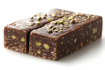 Two pieces of chocolate fudge candy with pistachios on white background