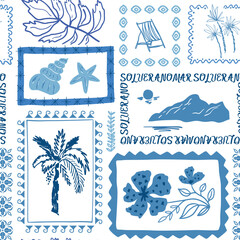 Blue tropical beach stamps seamless pattern. Cute hand drawn palm tree, flowers, seashells, sea island, summer vacation elements in frame. Vector tropic story design, print, exotic wallpaper, textile. © Tani Kuzminka