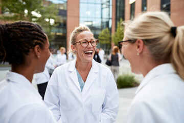 Fototapeta premium Group of female doctors laughing together outdoors, background