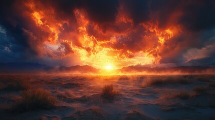 Fiery sunset over a desert landscape.  Vast, fiery clouds engulf the setting sun, casting a dramatic light on a sandy plain