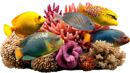 Coral Reef Symphony: A vibrant underwater tableau featuring a chorus of colorful fish darting among coral formations.