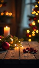 Spotlight illuminates festive wooden table, glittering bokeh Holiday ambiance , bokeh, spotlight
