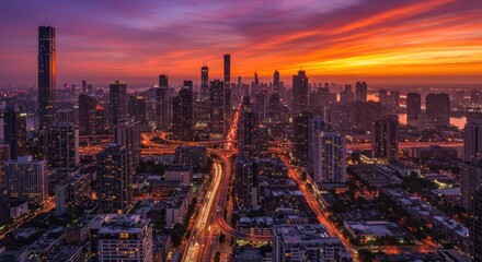 Fototapeta premium Vibrant City Skyline at Sunset with Glowing Lights