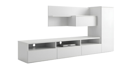 Modern minimalist white furniture set with shelving and storage, perfect for contemporary living rooms or office spaces