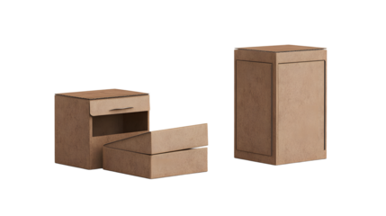 Modern minimalistic furniture set featuring a nightstand and a cabinet in a neutral setting, ideal for interior design projects