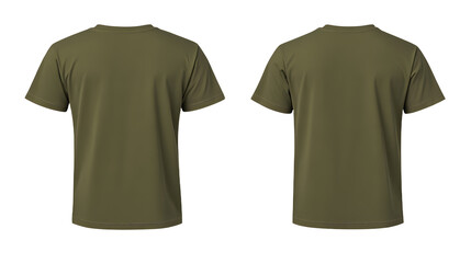 Naklejka premium Olive green t-shirt displayed from front and back angles, showcasing design and fabric texture, ideal for casual wear