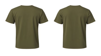 Olive green t-shirt displayed from front and back angles, showcasing design and fabric texture, ideal for casual wear