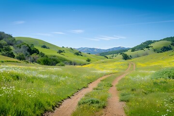 Fototapeta premium Scenic Landscape Of Lush Green Rolling Hills with Dirt Trail and Yellow Flowers Under Blue Sky