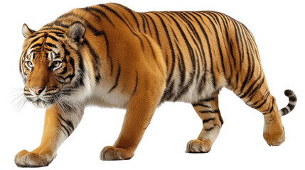 Fototapeta premium Majestic Tiger: A powerful tiger strides with confidence, showcasing its iconic stripes and muscular build, radiating strength and commanding presence.