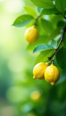 Close-up, lemon tree branches, blurred backdrop Ripe lemons, green foliage , macro, image, texture