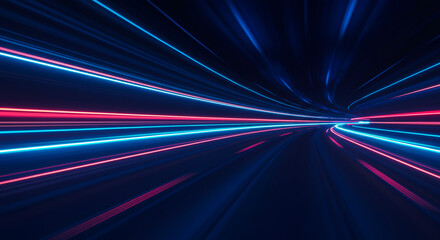 Abstract neon light trails in dark space creating a sense of speed and futuristic technology