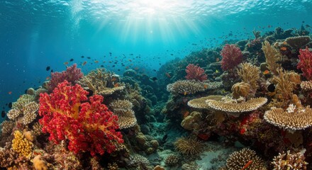Fototapeta premium Vibrant Coral Reef Underwater Scene with Sunlight